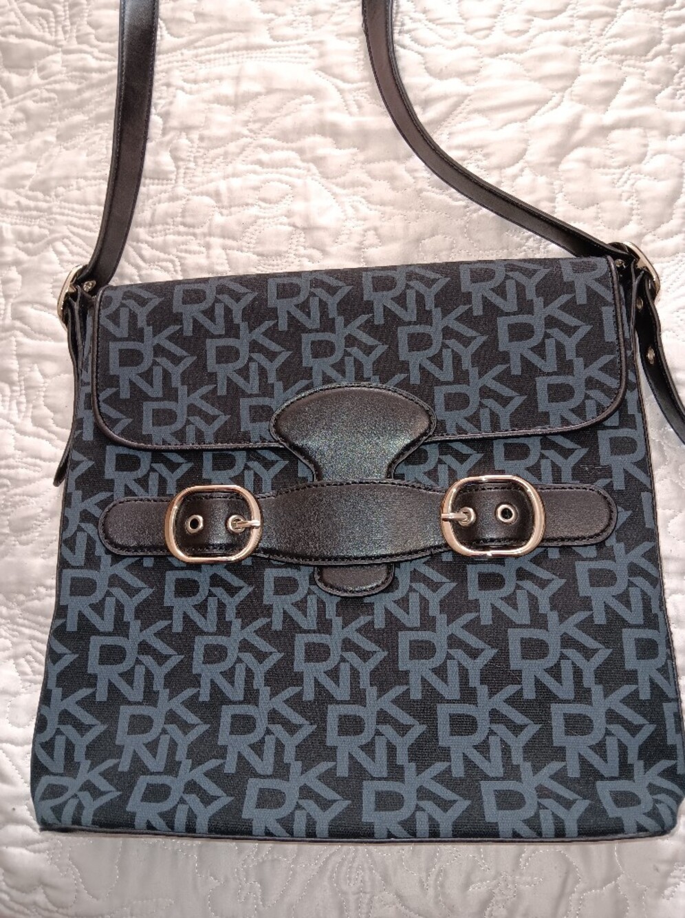 DKNY Black and Gray Monogram Messenger Bag